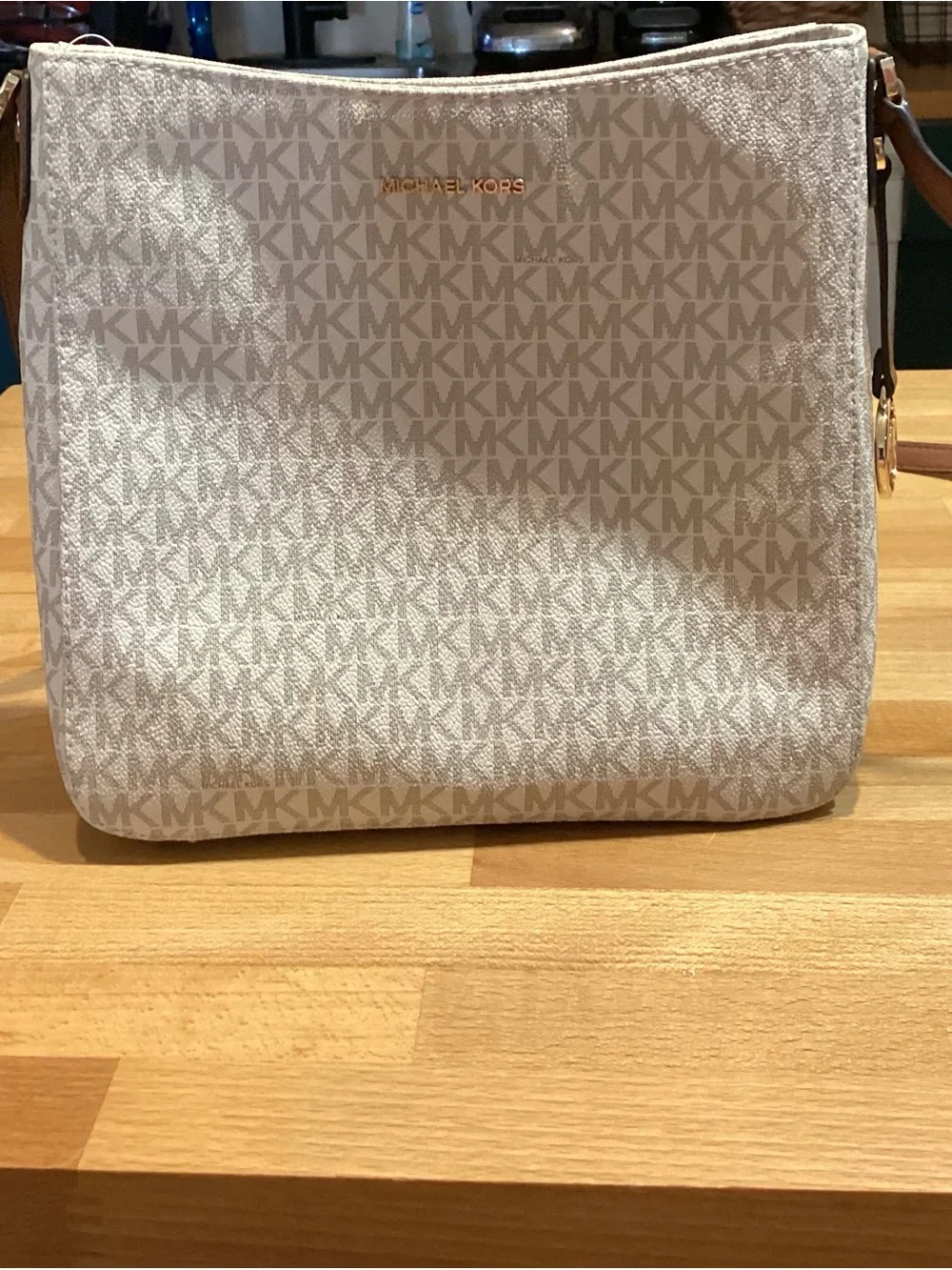 Michael Kors Cream Logo Crossbody Bag with Brown Strap